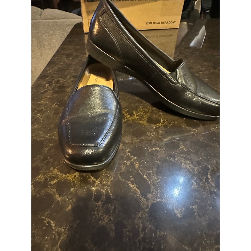 Easy Spirit W Blk Leather Loafers Square Toe BRAND NEW Wedge Shoes SEDEVITT 5.5M